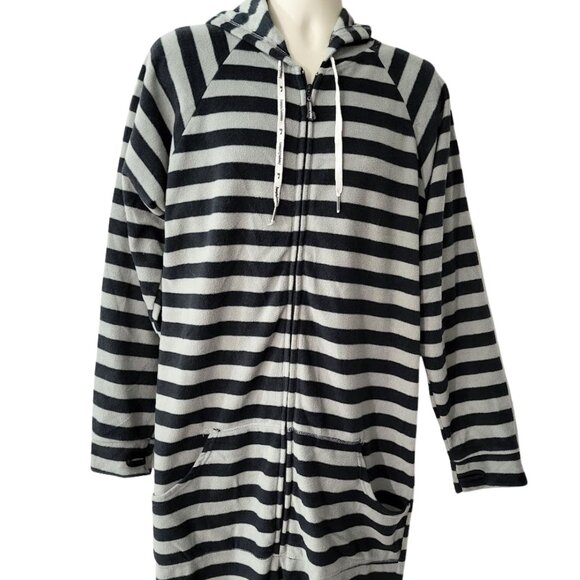 JUMPIN JAMMERZ Black & Gray Striped Hooded Footed Onesie Pajama - Unisex Size L - Picture 3 of 6